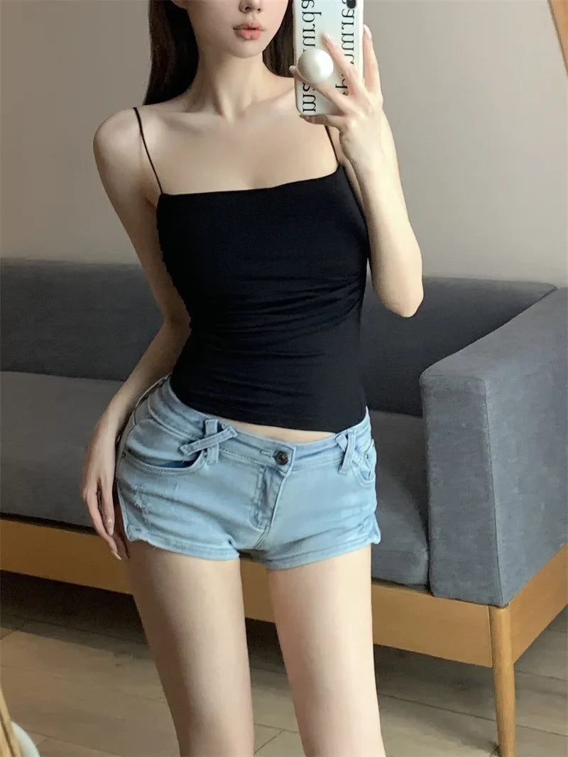 Women's Ruched Crop Top with Thin Shoulder Straps and Cropped Length