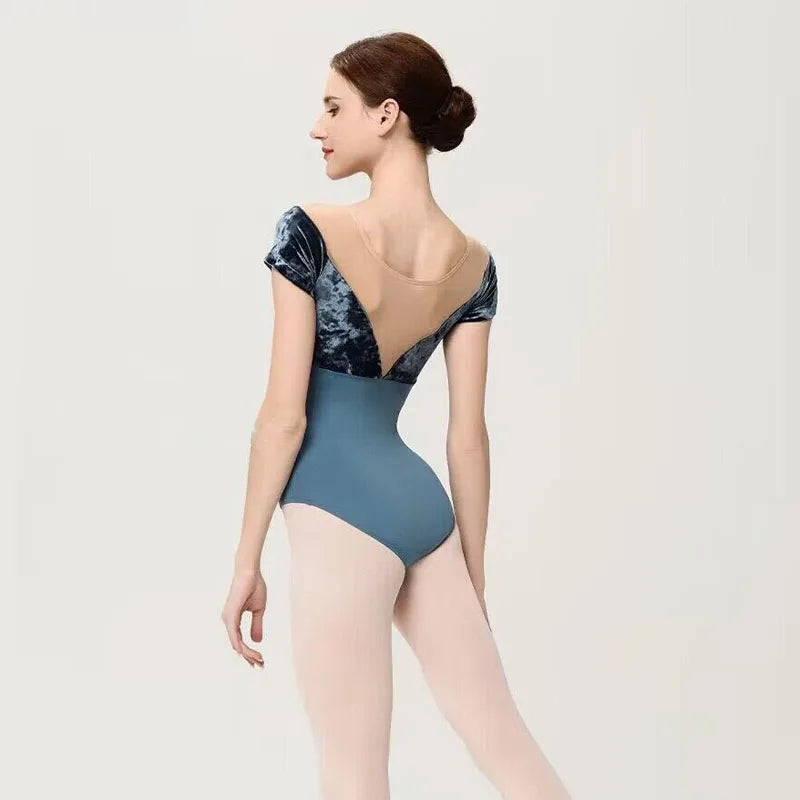 Women's Short Sleeve Ballet Leotard with Velvet Panels and Open Back
