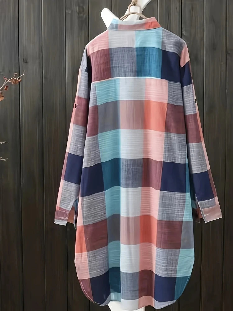 Women's Loose Checked Long Sleeve Collared Shirt
