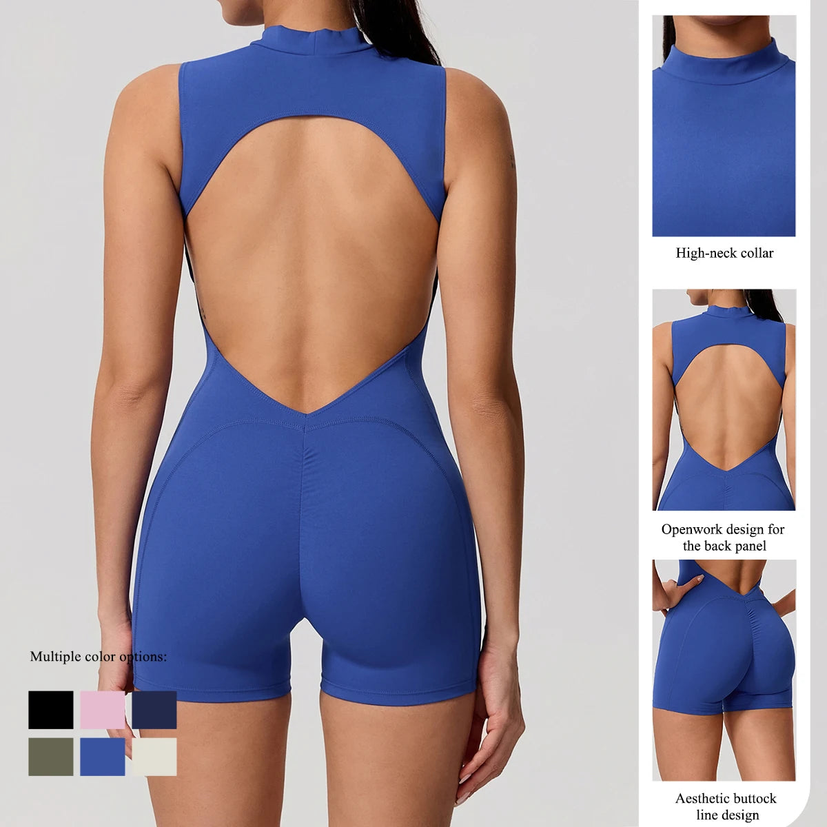 Women's Cap Sleeve Workout Romper with Open Back and Fitted Short Legs