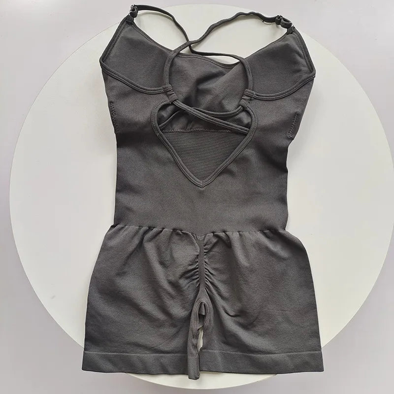Women's Ribbed Nylon Blend Workout Romper with Lace Up Open Back