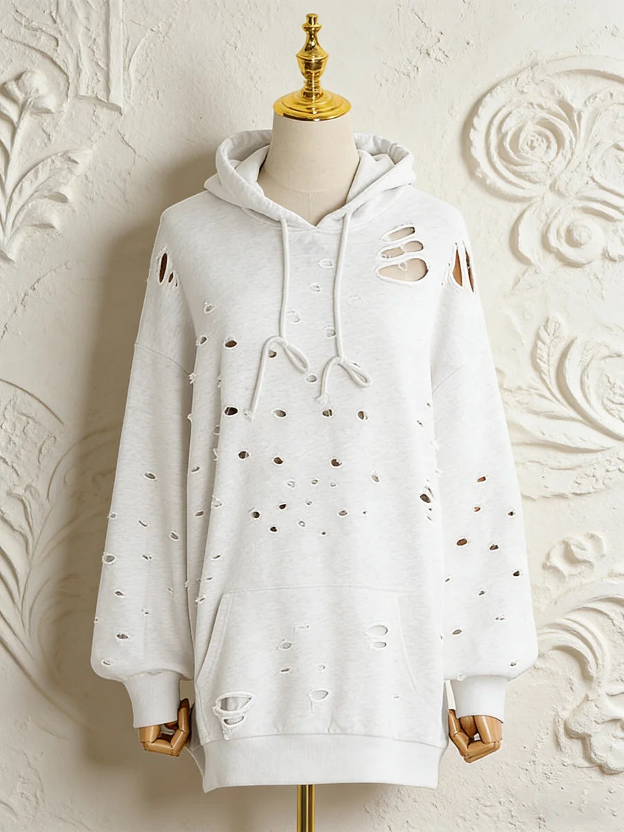Distressed Long Sleeve Pullover Casual Hoodie for Layering