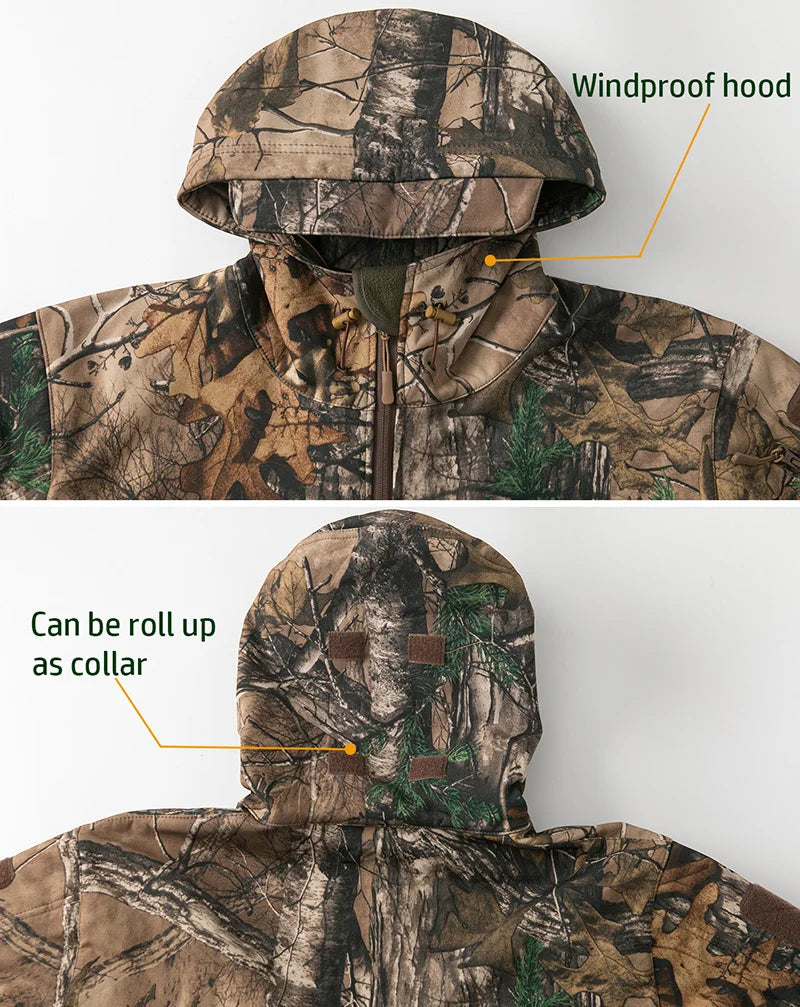 Silent Softshell Camouflage Hunting Jacket Men Waterproof Fleece Hooded Hunting Clothes Warm Outdoor Hiking Tactical Coat
