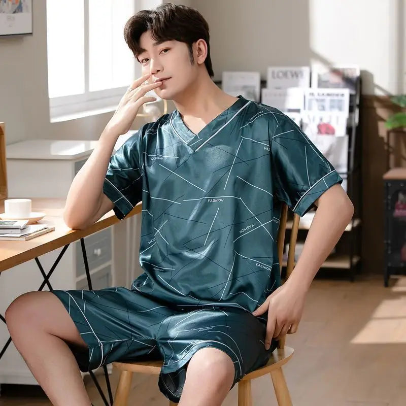 Men's Printed Short Sleeve Button Neck Top and Shorts Pajama Set