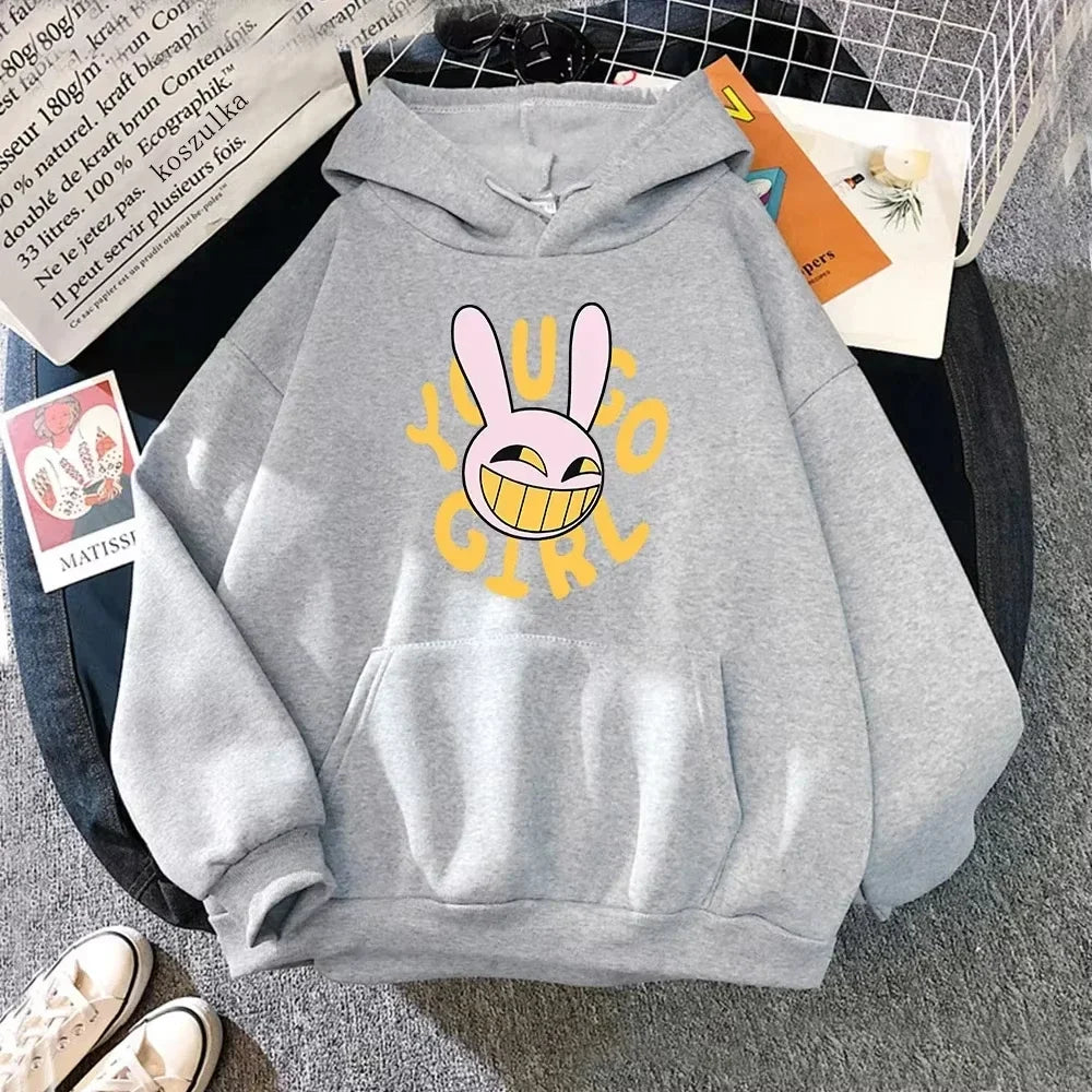 Rabbit-Graphic Long-Sleeve Fleece Pullover Hoodie