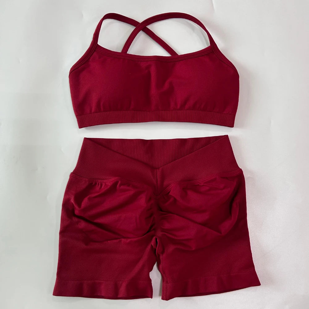 Women's Cross Strap Bra And Shorts Yoga Set