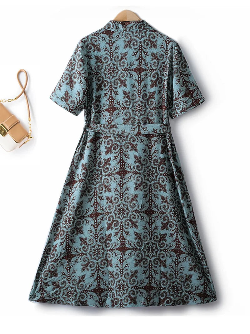 Summer Dress Woman Trendy Elegant Vintage Turn Down Collar Over Knee Single Breast Drop Large Swing Flower Female Dresses