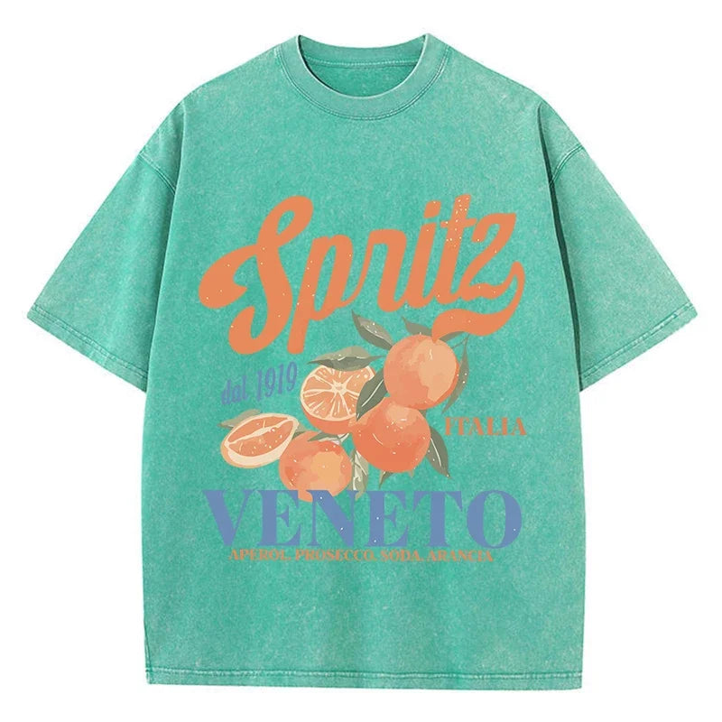 Orange Fruit Printed Washed T-shirt for Men Cotton T-shirt with Holes Round Neck Comfortable Top for Summer Men's Wear