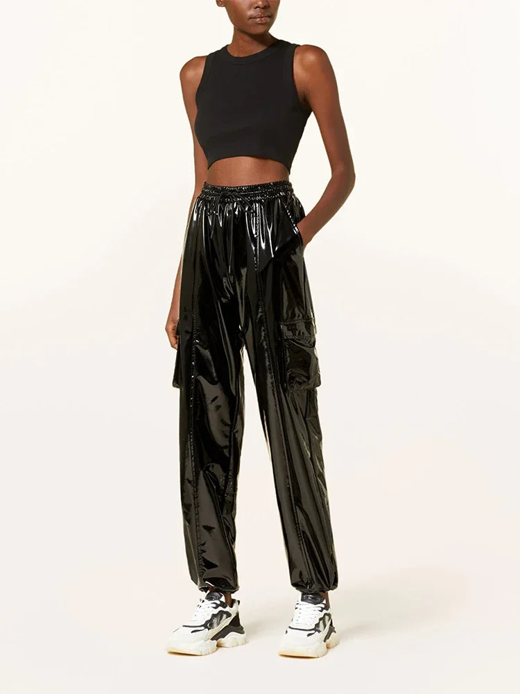 Women's Shiny Faux Leather Cargo Joggers with Drawstring Waist and Cuffs