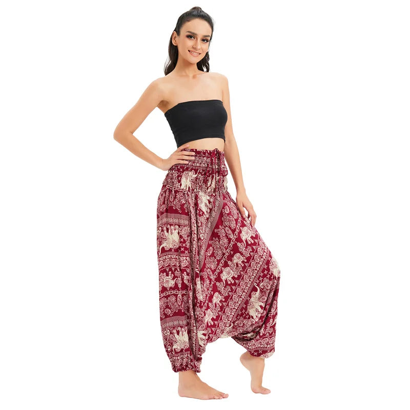Women's Printed Rayon Harem Pants with Elastic Waist and Convertible Styling