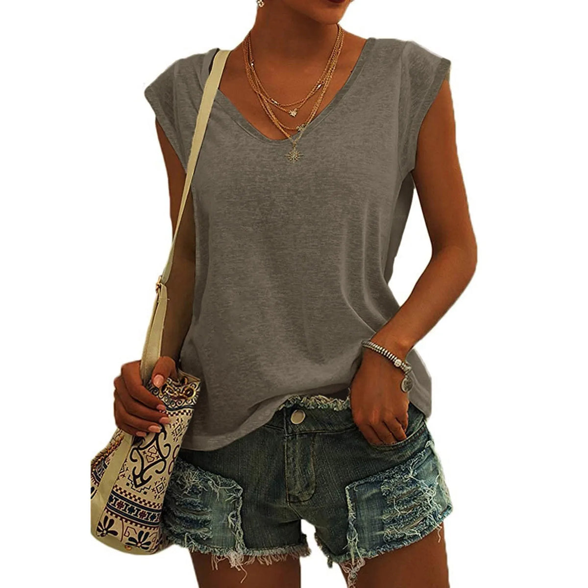 Women's V Neck Polyester Tank Top with Relaxed Sleeveless Cut