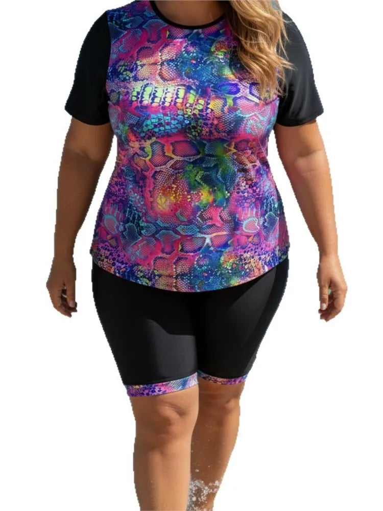 Women's Printed Short Sleeve Swim Top and Long Shorts Set