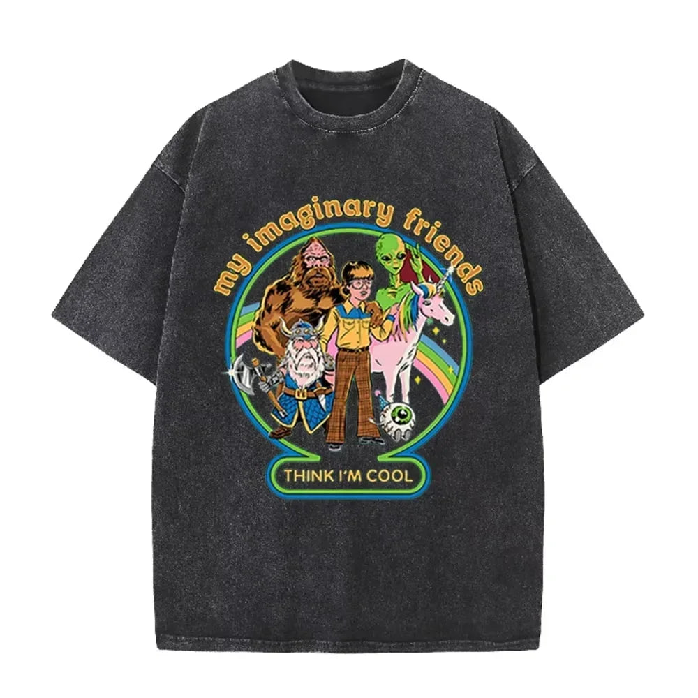 Brown Acid Wash Imaginary Friends Graphic Casual Retro Streetwear Tee