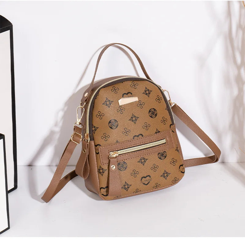 Printed Mini Backpack with Front Zipper Pocket and Multiple Carry Options