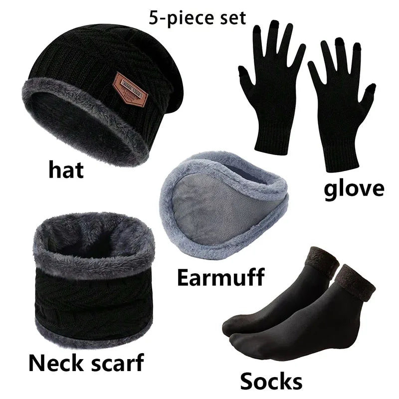 Men's Winter Hat Ear Protector Gloves Neck Hood and Socks Set