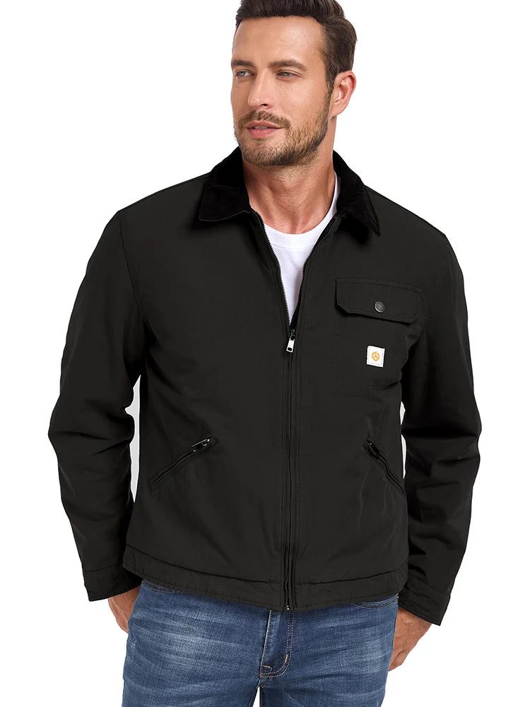 Men's Winter Cotton Jacket Warm Quilted Padded Lined Cargo Work Jacket Regular Fit Casual Lapel Trucker Coat