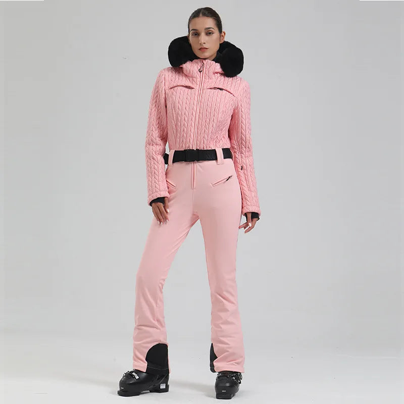 Hooded Long Sleeve Belted One Piece Ski Snow Jumpsuit