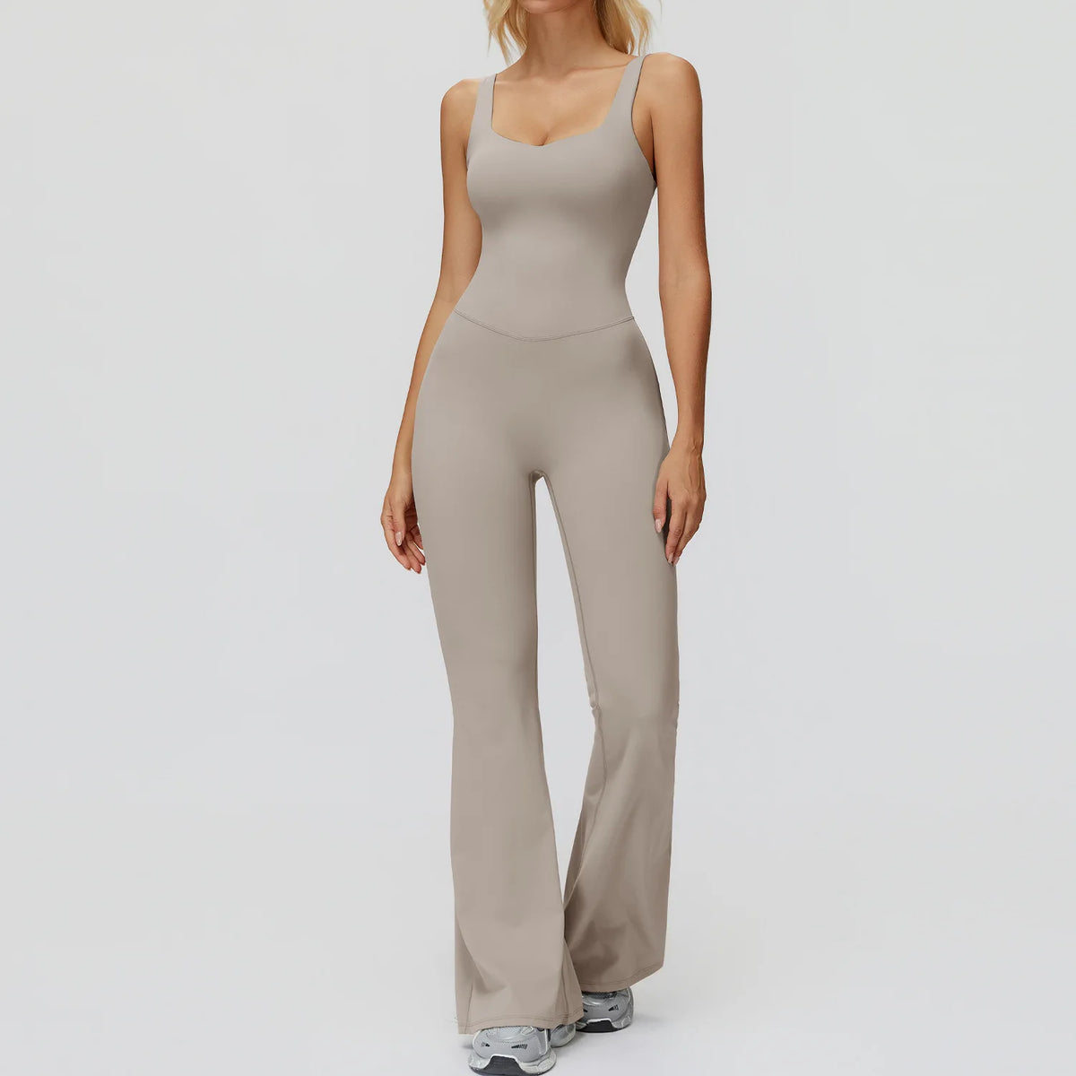 Women's Cross Back Polyester Blend Flared Workout Jumpsuit with Multiple Straps