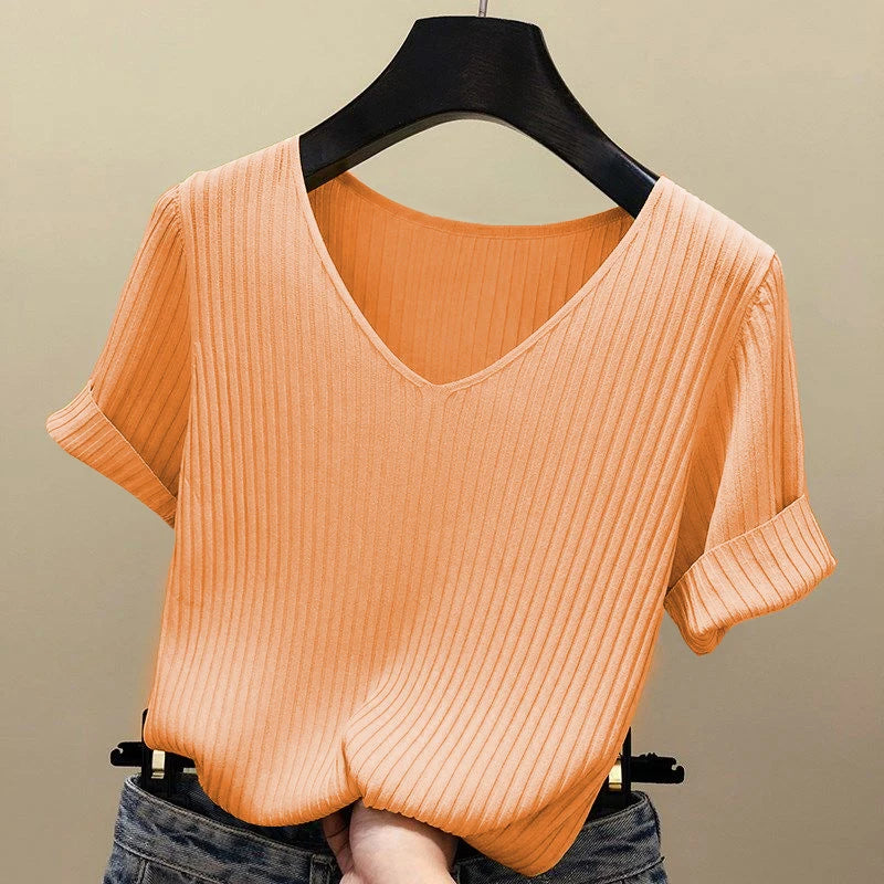 Women's V Neck Short Sleeve Sweater Casual Knit Layer