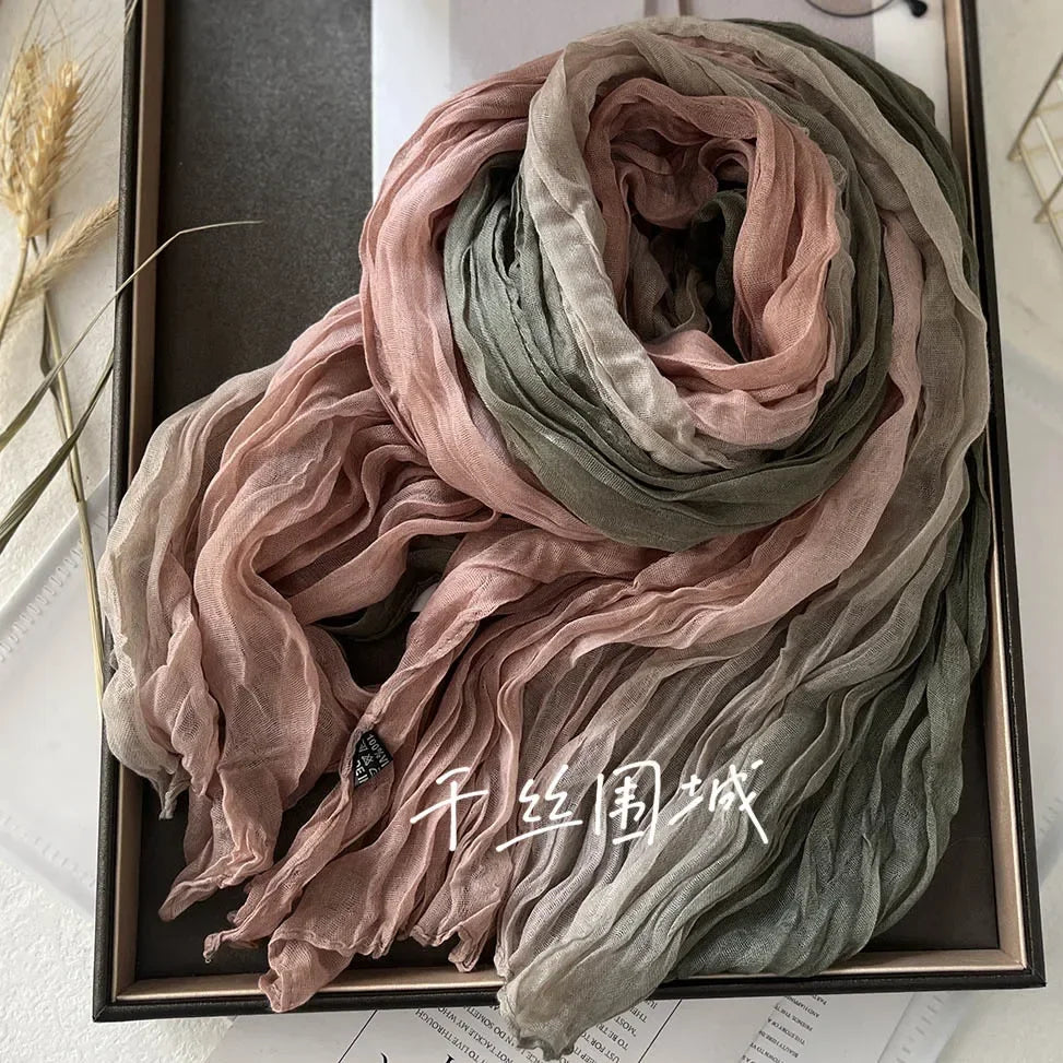 Gradient Crinkled Long Scarf with Rectangular Wrap Shape
