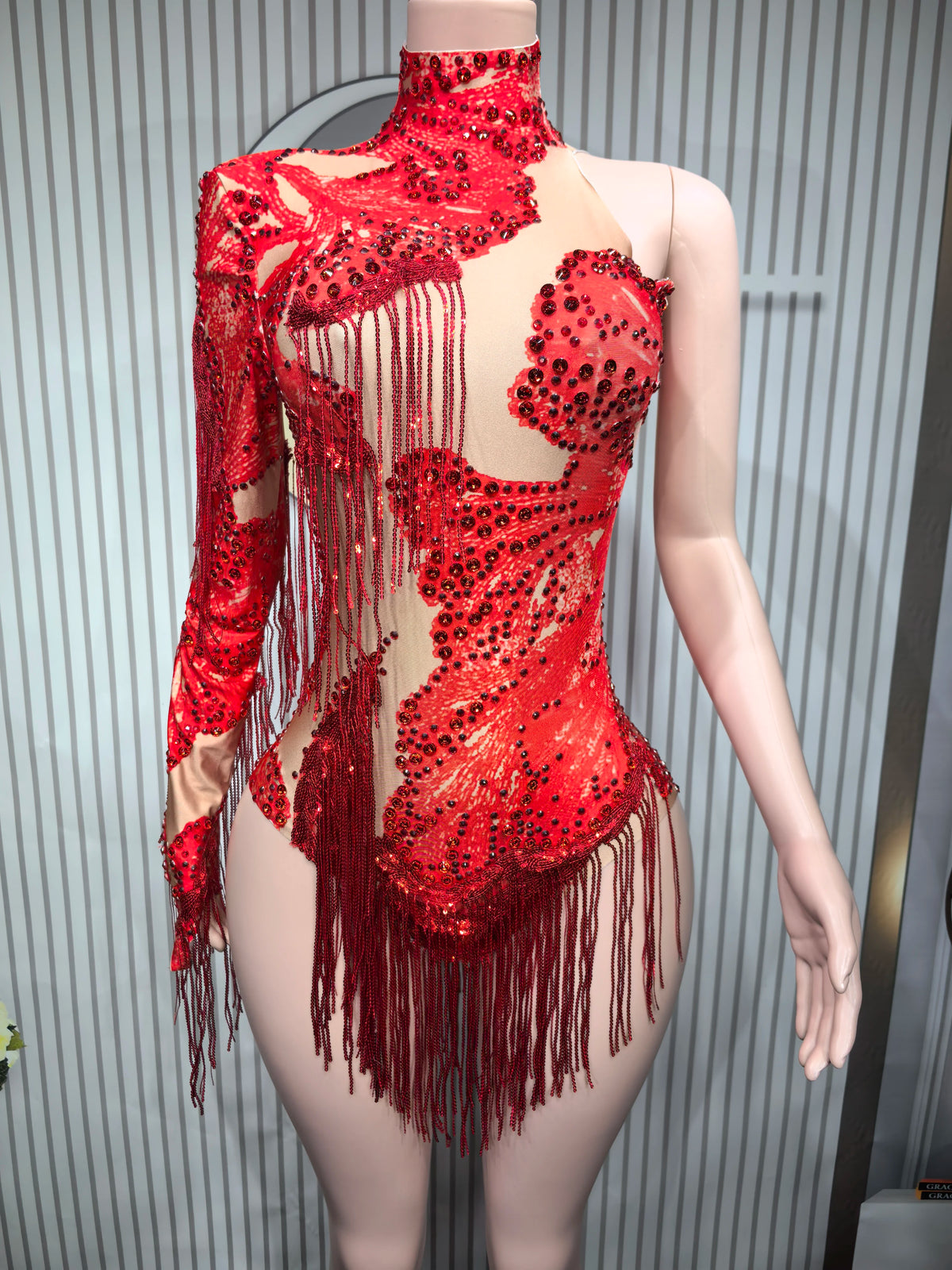 Women's Asymmetric Rhinestone Fringe Dance Bodysuit for Stage Performance Outfits