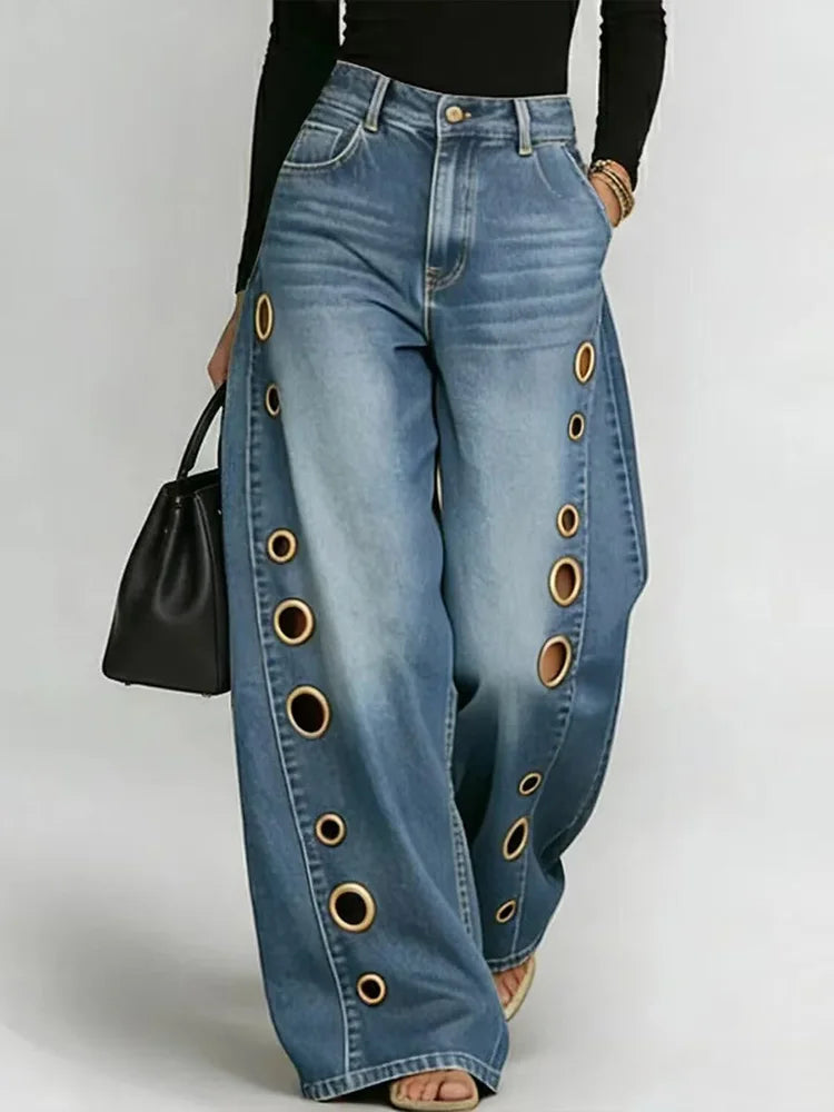 Women's Side Grommet Wide Leg Denim Jeans For Everyday Outfits