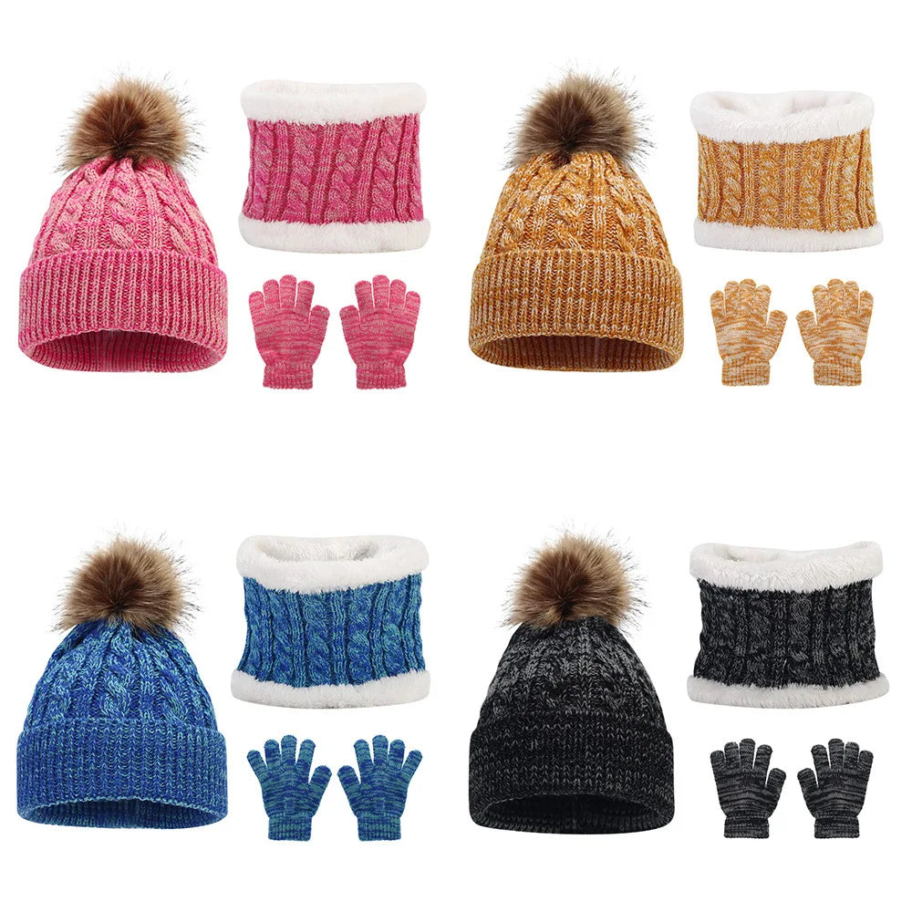 Children's Mixed-Colour Knitted Hat Scarf and Gloves Set for Winter Wear