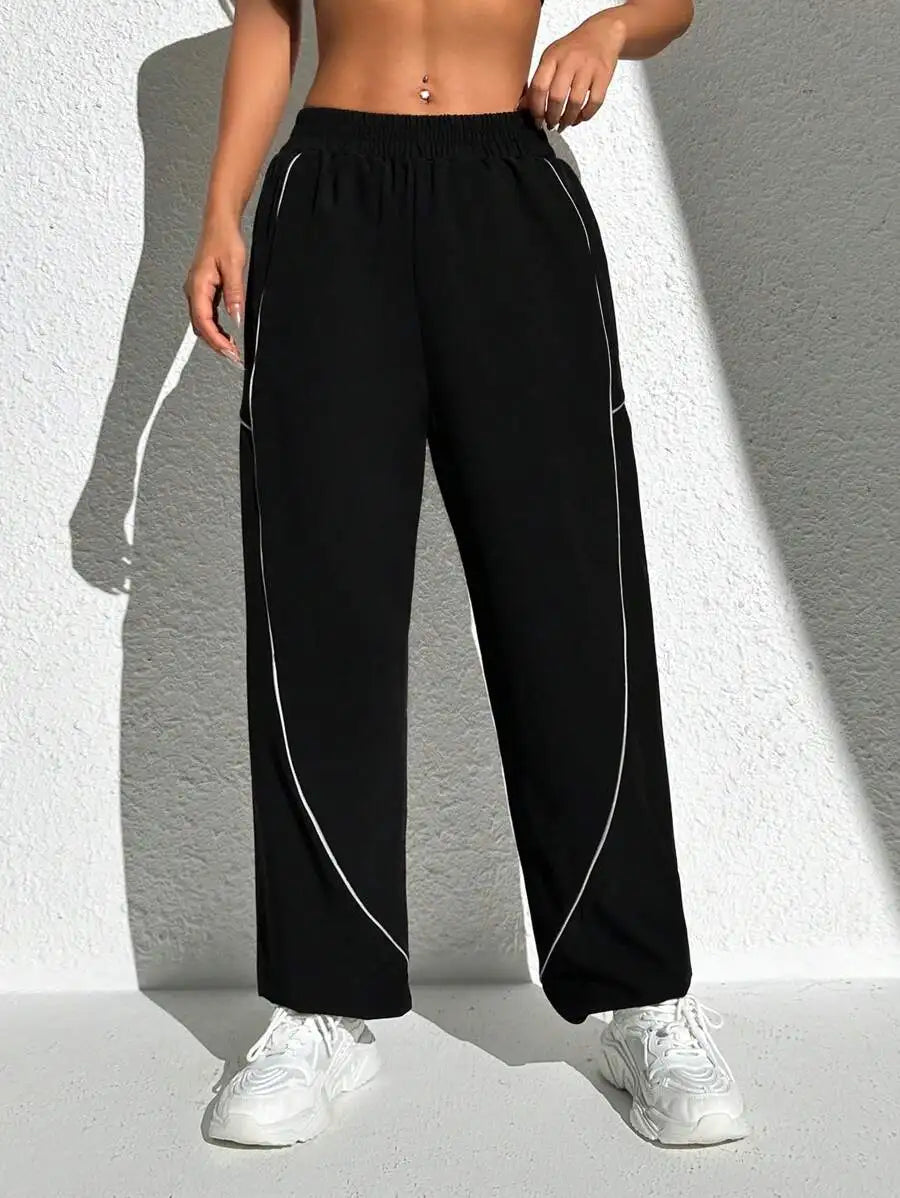 Women's Contrast Seam Polyester Blend Wide Leg Pants with Gathered Ankles