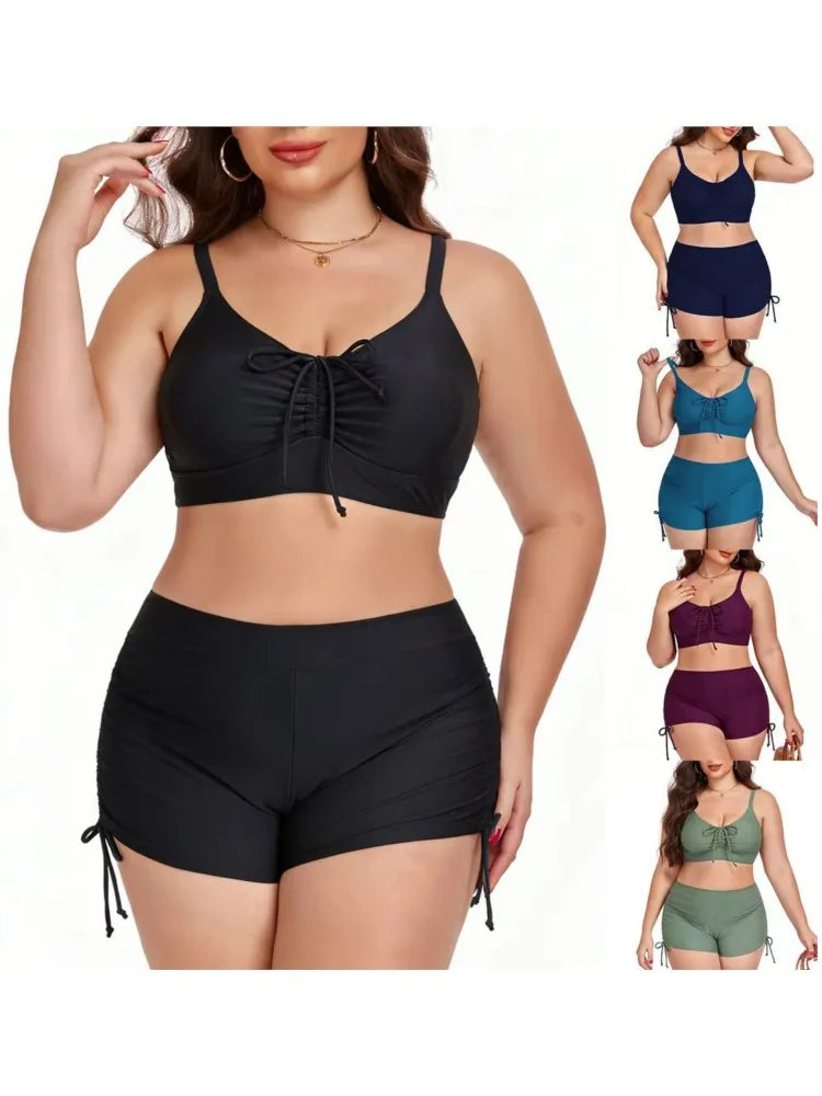 Women's Ruched Crop Top and Side Tie Shorts Bikini Set