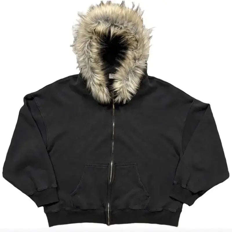 Fluffy Trim Long Sleeve Full Zip Casual Hoodie