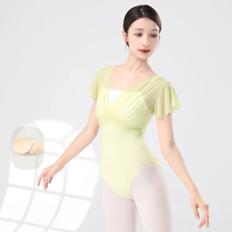 Women's Short Sleeve Ballet Leotard with Pleated Bodice and Contrast Panels