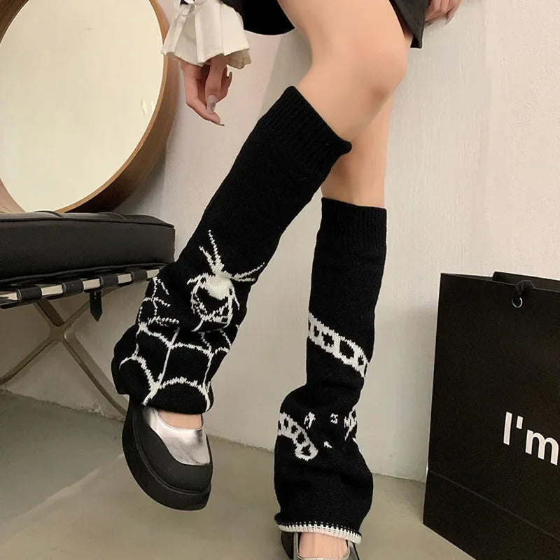 Patterned Knit Leg Warmers with Spiderweb and Heart Designs