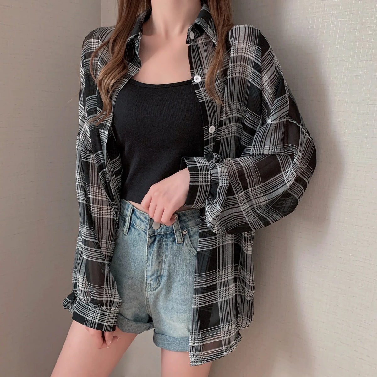 Women's Sheer Checked Short Sleeve Button Front Shirt