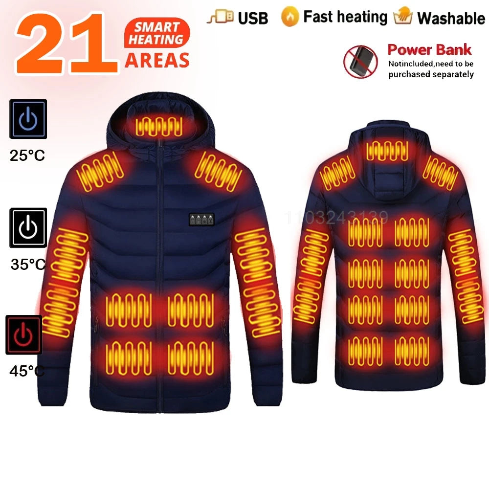USB Heated Hooded Full Zip Long Sleeve Outdoor Jacket