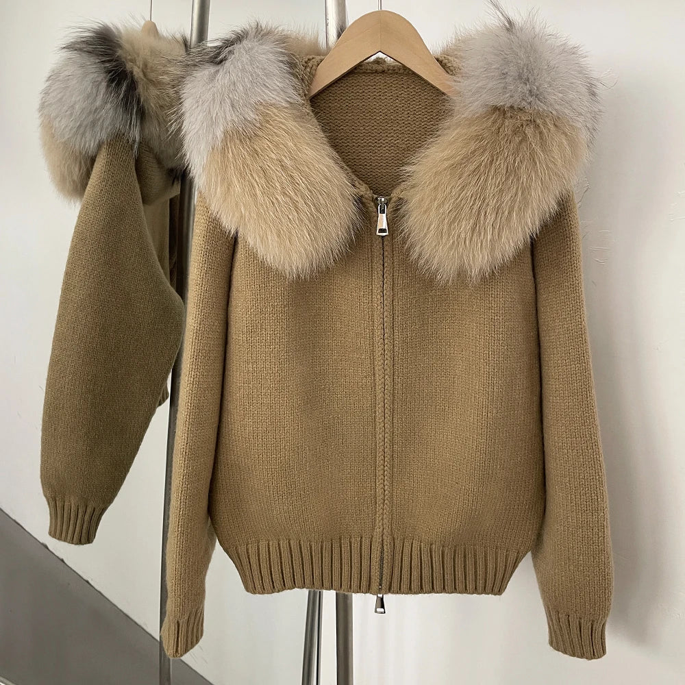 Women's Hooded Zip Front Fluffy Trim Jacket Casual Knit Layer