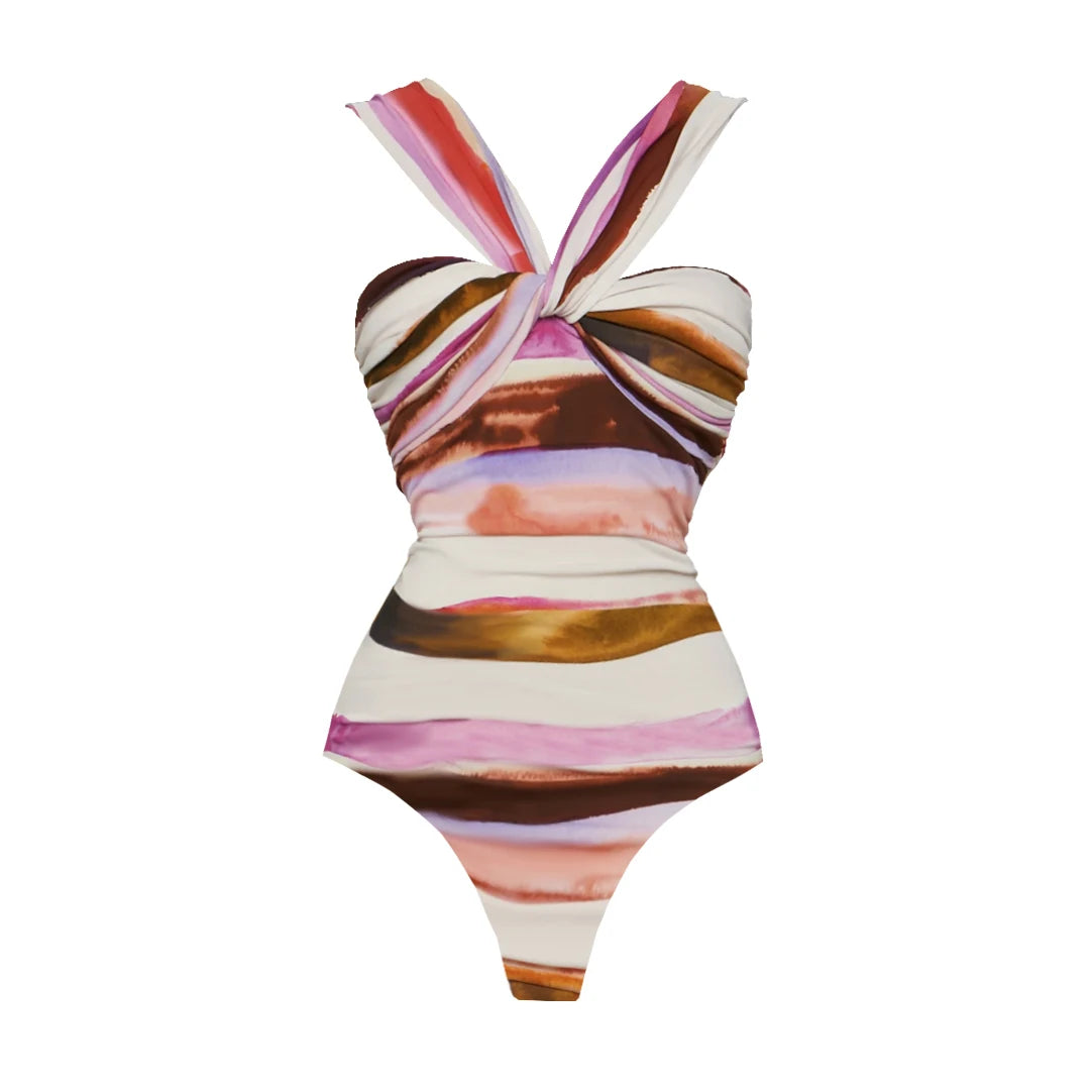 Striped Cutout One-Piece Swimsuit with Long Skirt