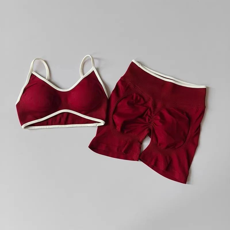 Women's Contrast Trim Bra And Shorts Yoga Set