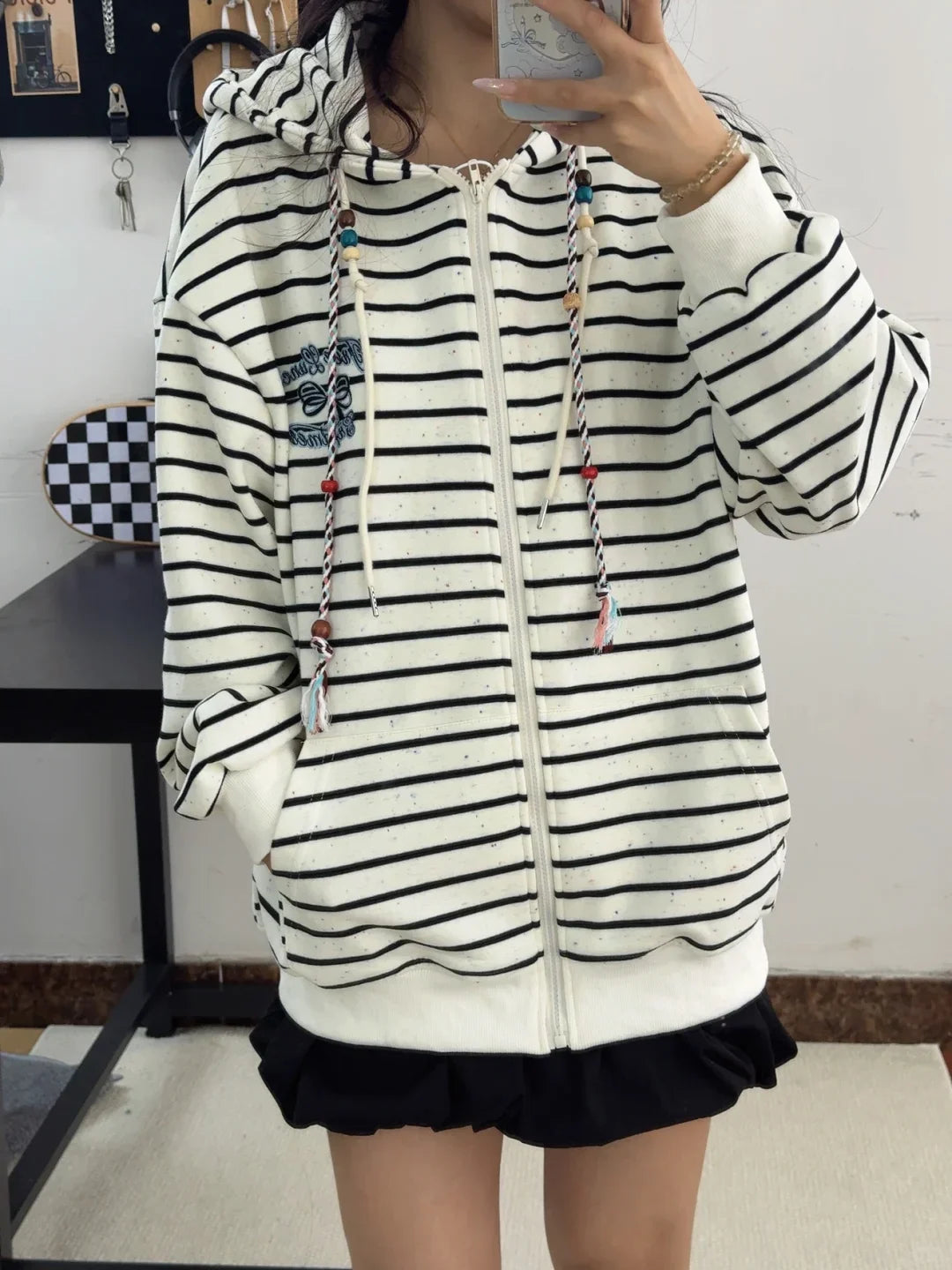 Striped Long Sleeve Full Zip Casual Hoodie for Layering