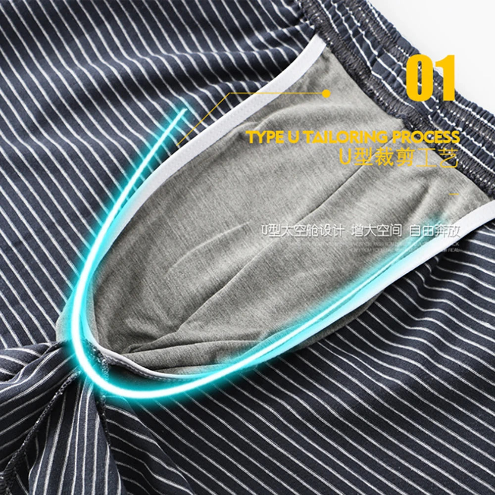 Men's Striped Elastic Waist Boxer Style Sleep Shorts