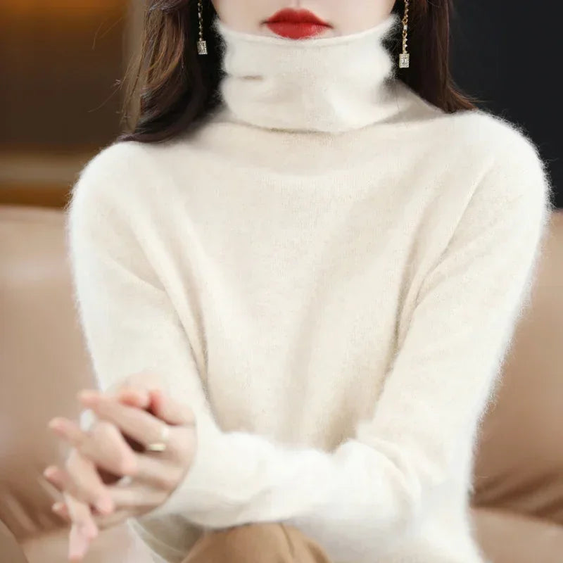 Women's Fluffy Roll Neck Long Sleeve Sweater Casual Knit Layer