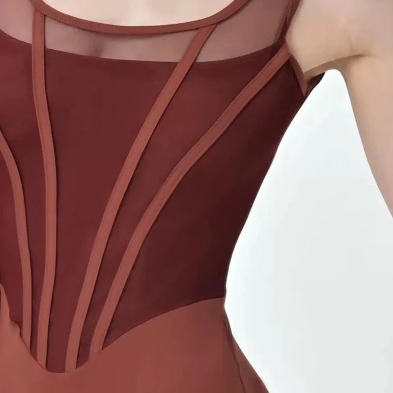 Women's Sleeveless Ballet Leotard with Mesh Panels and Retro Bodice Seams