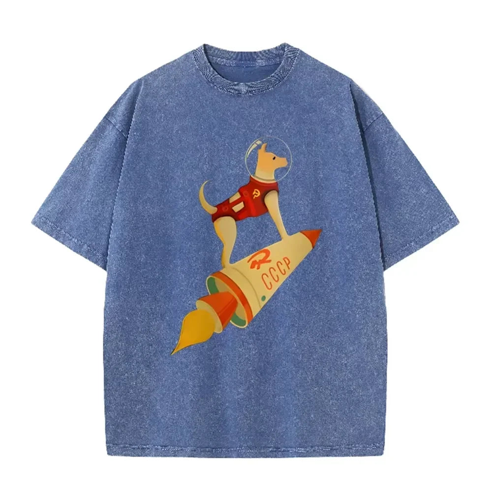 Vintage Washed Gray Tshirt CCCP Laika Space Dog Rocket Cartoon Print Loose Short Sleeve Retro Soviet Casual Tee