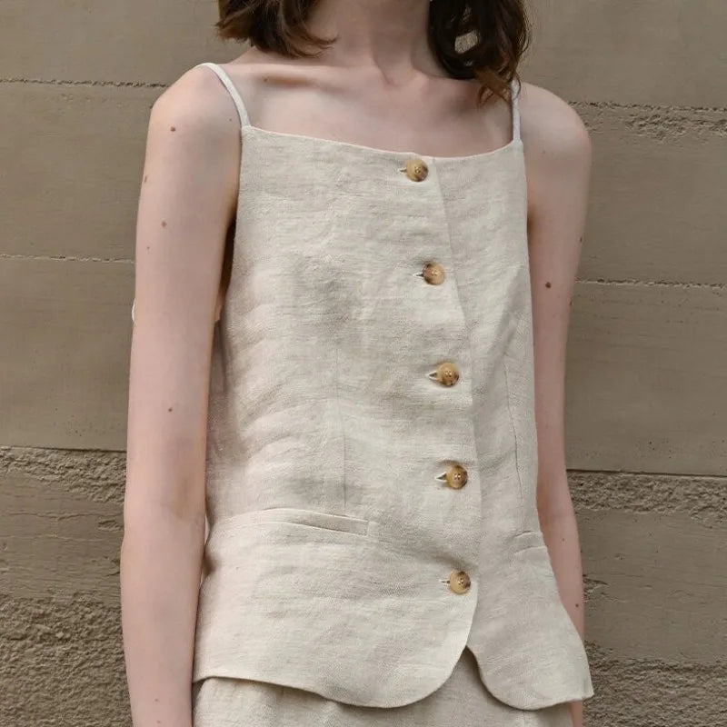Women's Linen Strapless Cropped Camisole Top with Front Buttons for Casual Outfits