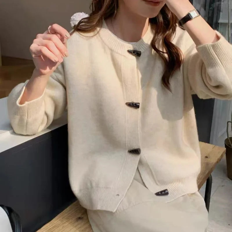 Versatile Crew Neck Autumn and Winter Sweater Wool Coat 100% Pure Cashmere Knitted Cardigan for Women Top