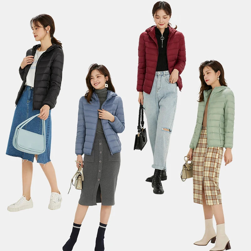 Women's Nylon Hooded Zip-Front Duck-Down Puffer Jacket for Casual Winter Layered Outfits
