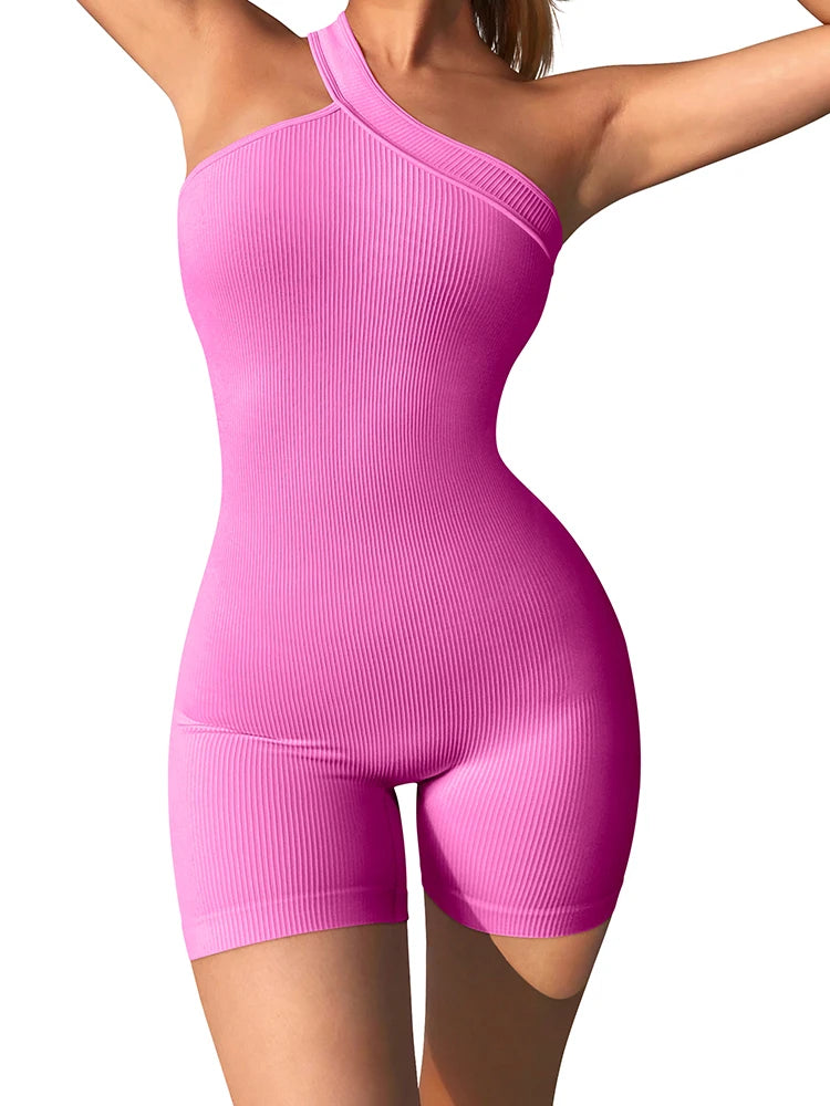 Women's One Shoulder Ribbed Nylon Blend Romper with Fitted Short Legs