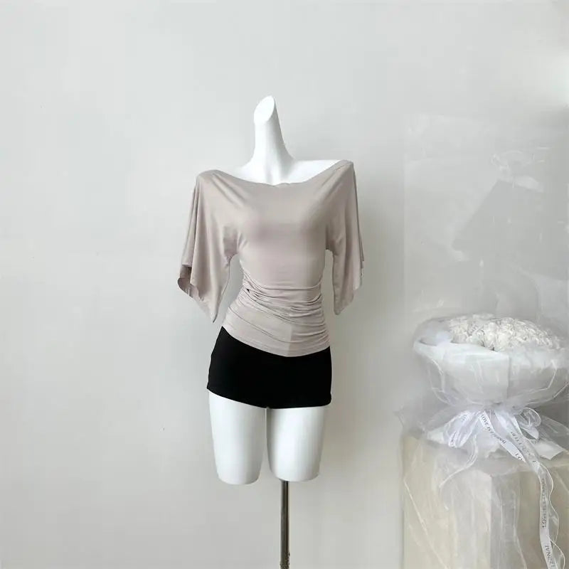 Women's Solid Polyester Slash Neck Blouse with Flared Sleeves and a Fitted Shape