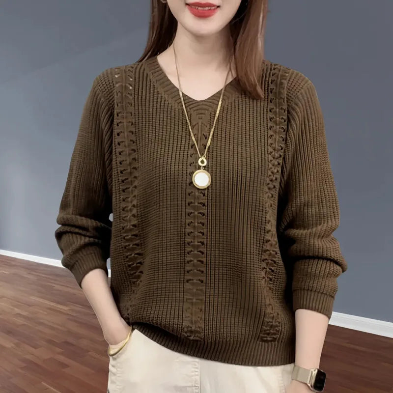 Women's V Neck Ribbed Long Sleeve Sweater Casual Knit Layer