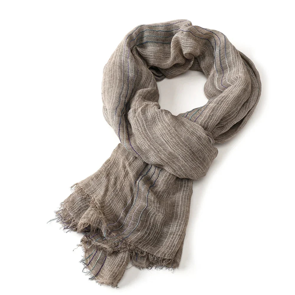 Striped Long Scarf with Decorative Frayed End Trim