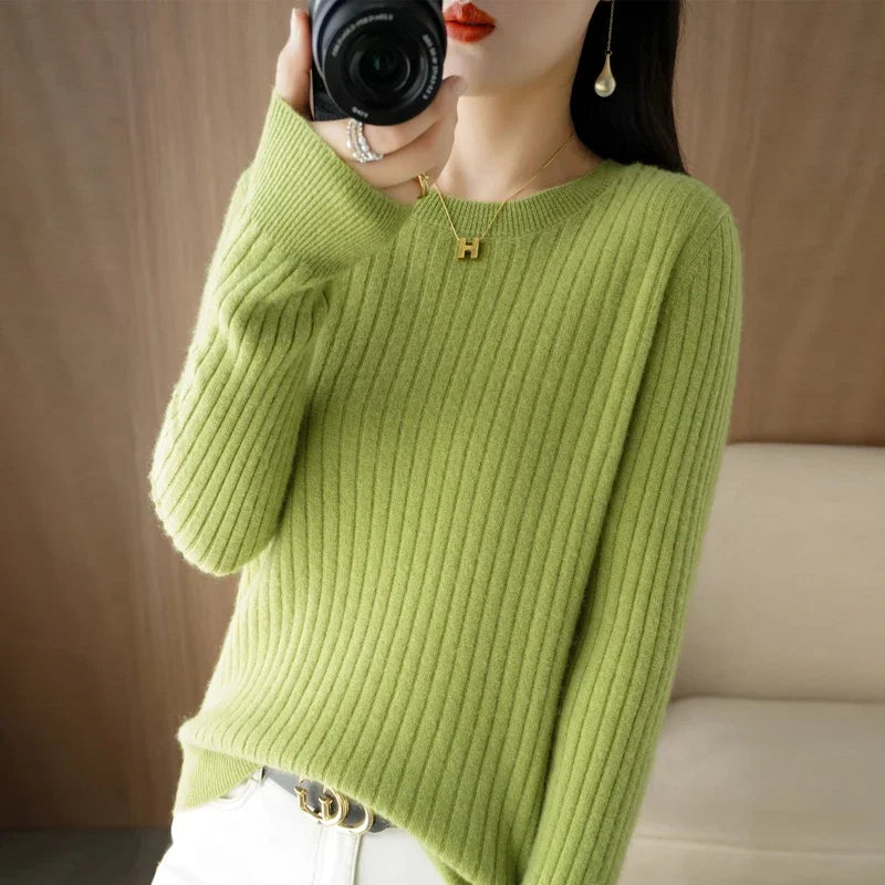 Women's Ribbed Crew Neck Long Sleeve Sweater Casual Knit Layer